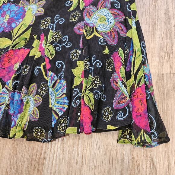 Vtg Chicos Floral Silk Midi Skirt Womens 2/Medium Black Ruffle Boho Artsy Grunge - Picture 2 of 8